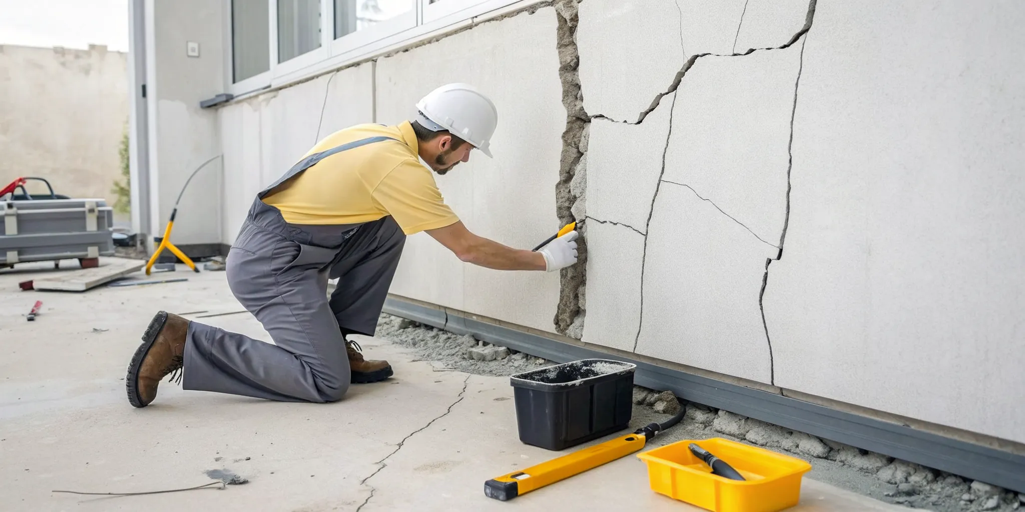 Worker repairing a foundation crack, a key factor in the cost to repair.