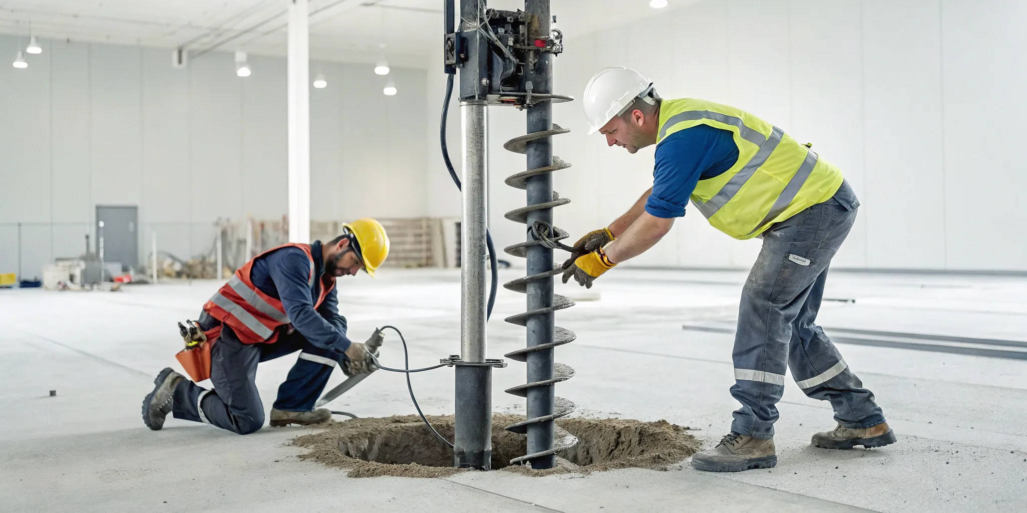 Helical pier installation in progress using hydraulic equipment to stabilize a foundation.
