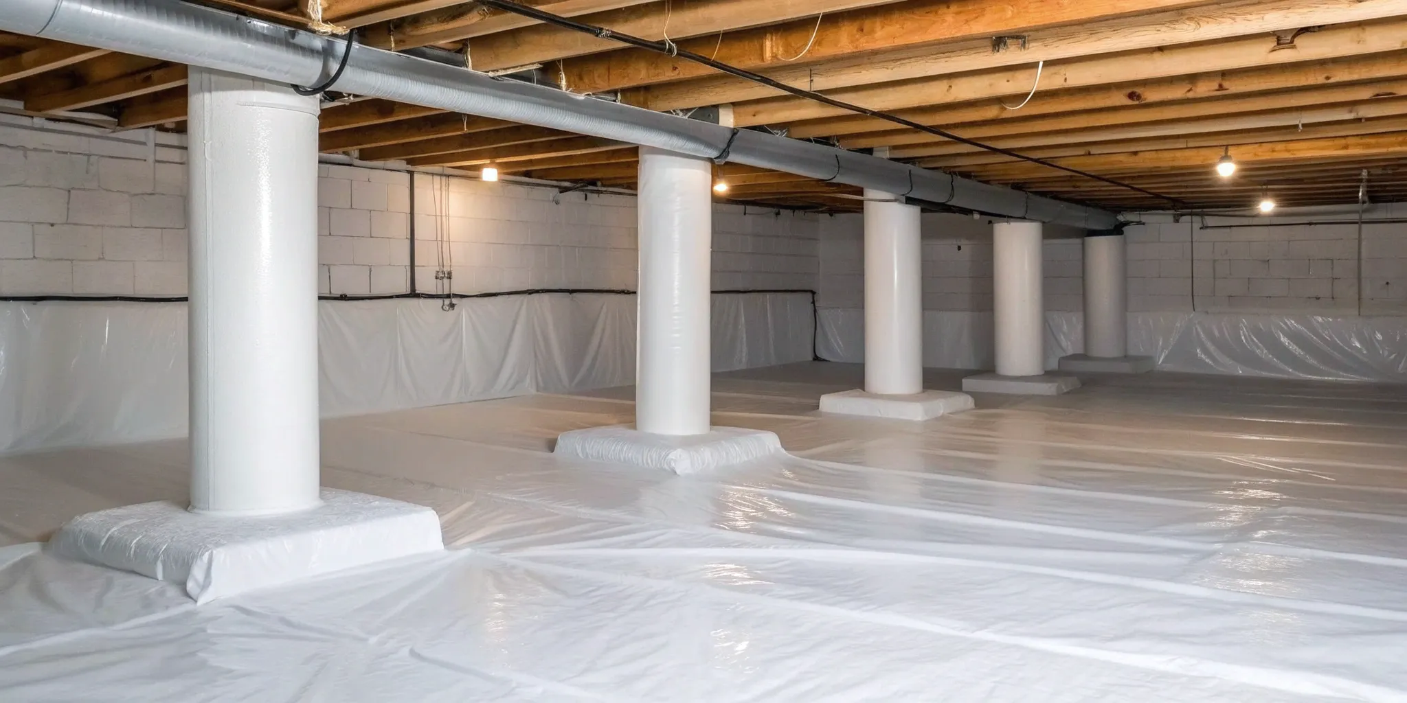 the-homeowners-guide-to-crawl-space-encapsulation-943099 Crawl space encapsulation with a sealed vapor barrier and support columns to prevent moisture damage.