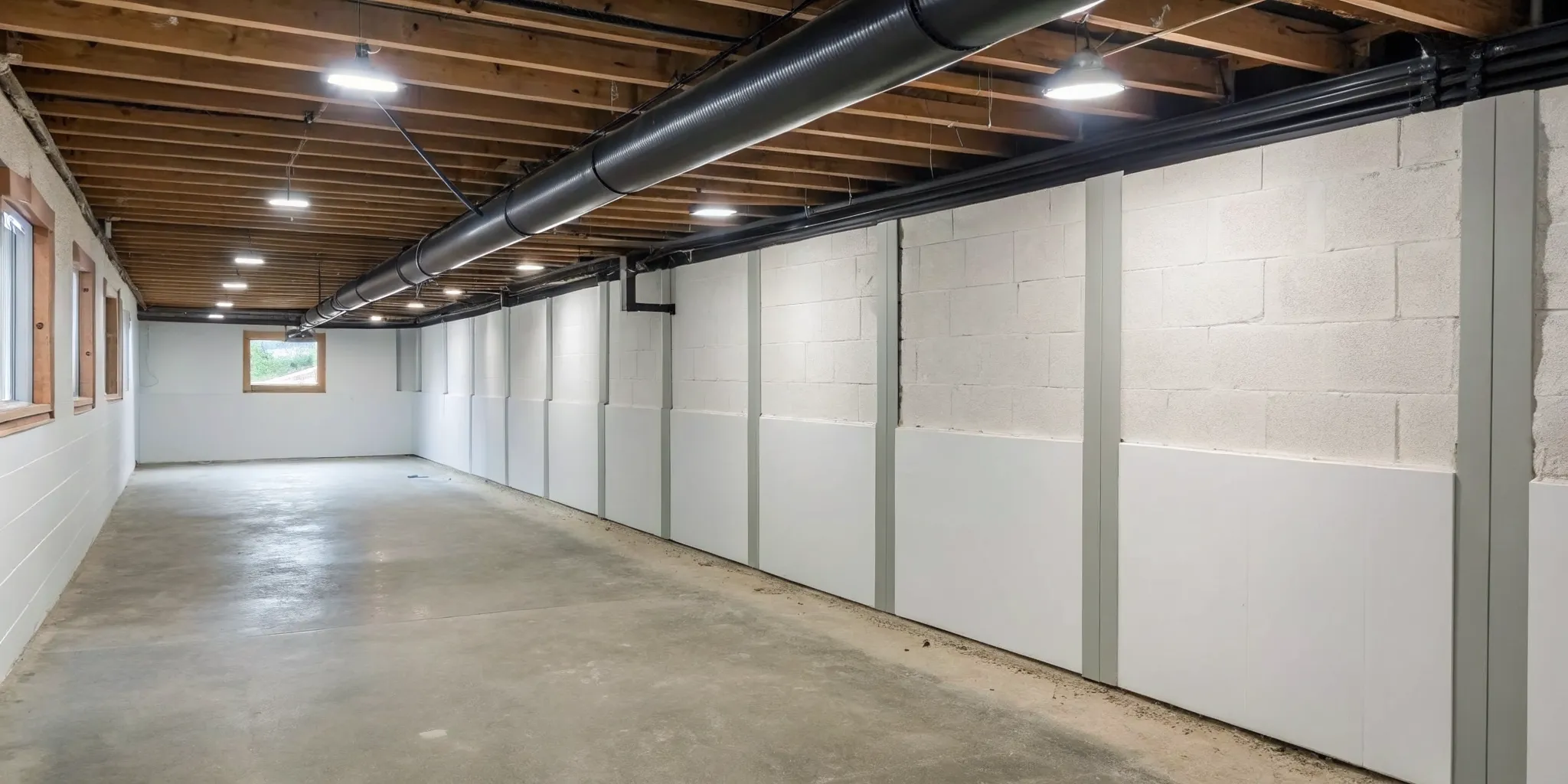 Repairing a bowing basement wall with structural support beams and reinforced panels.