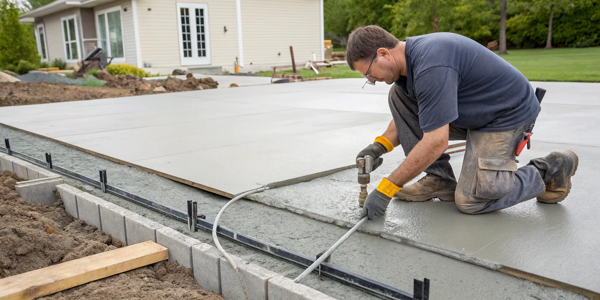 Using specialized equipment to lift a sunken concrete driveway slab.