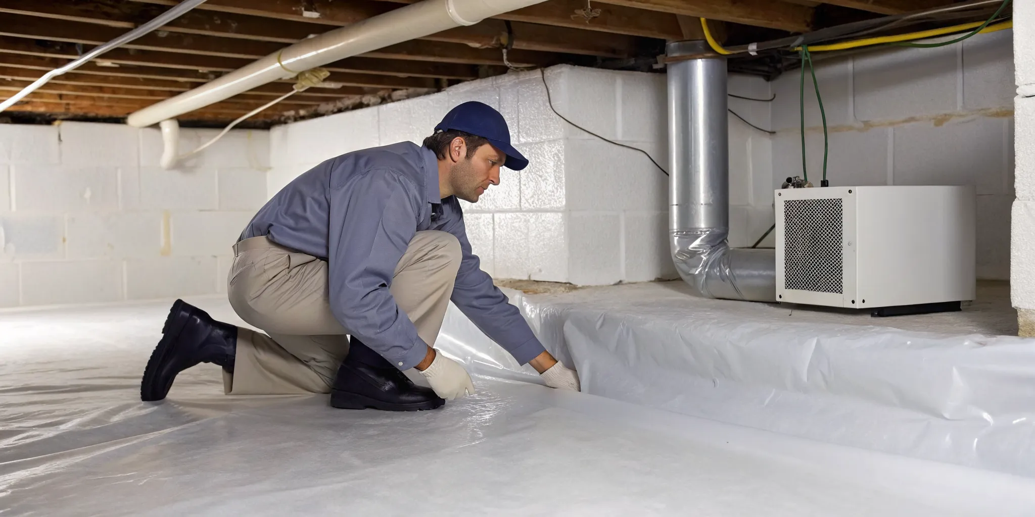 Professional installation of a crawl space vapor barrier to control moisture and prevent mold.
