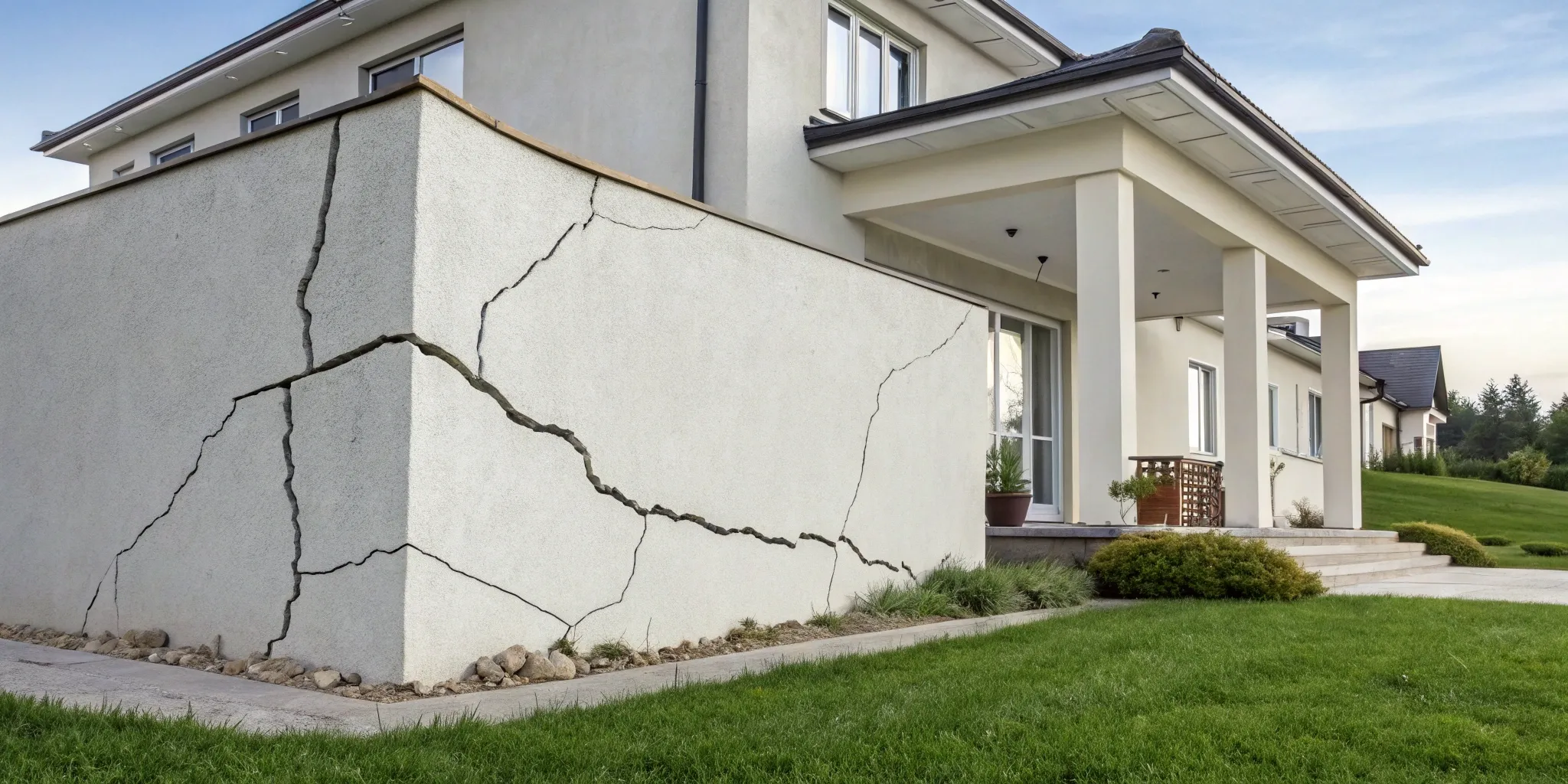 A large crack in a home foundation, a serious sign of when to worry about structural damage.