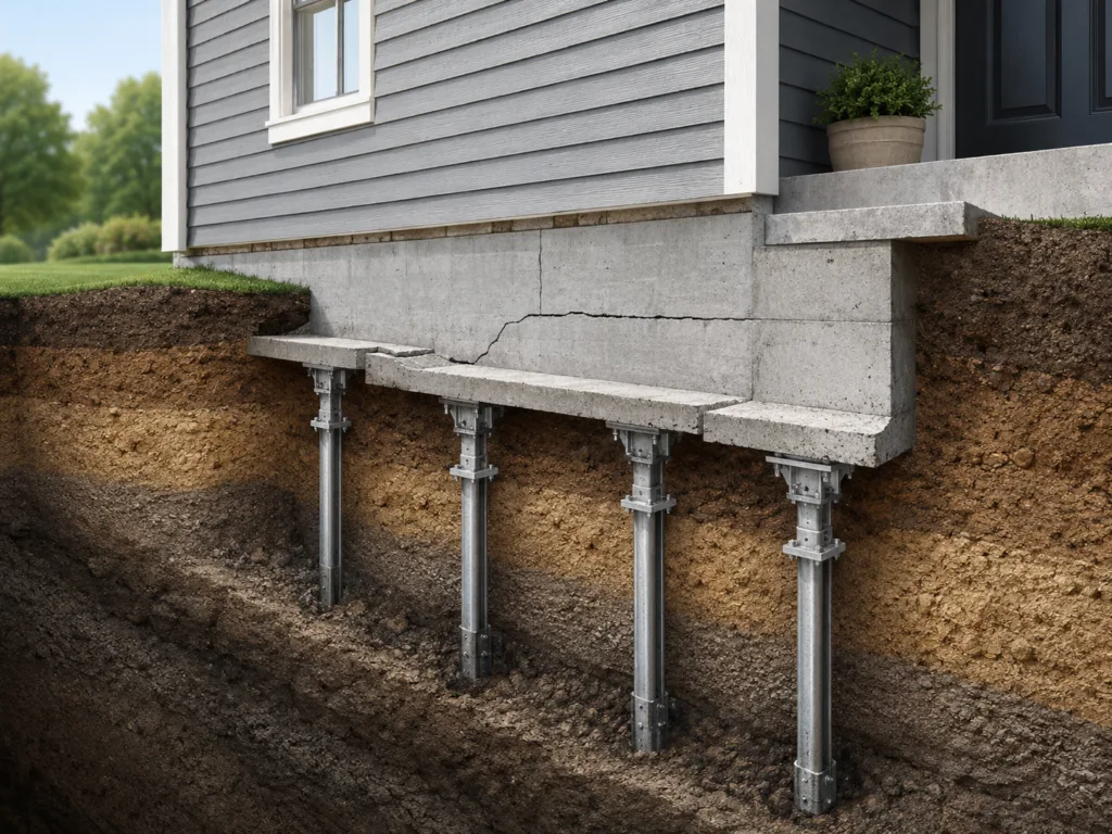 Cutaway view of a house foundation with structural piers used for foundation settlement repair.