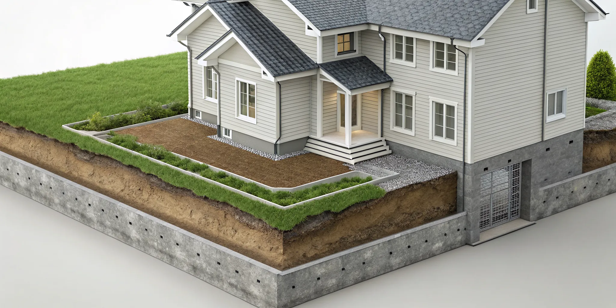 foundation-settlement-repair-a-homeowners-guide-884030 Cutaway view of a house foundation with structural piers used for foundation settlement repair.