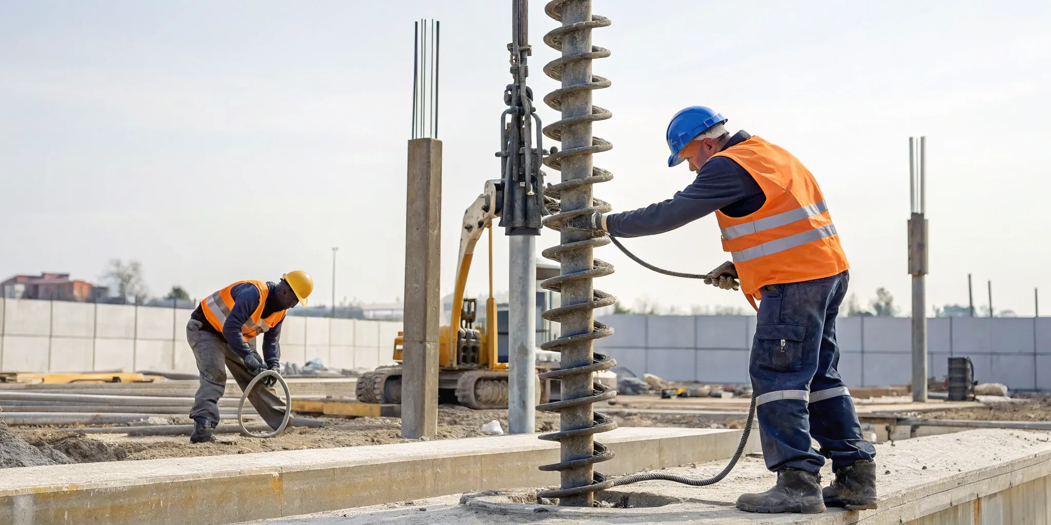 how-helical-piers-are-installed-what-to-expect-936611 A crew installing helical piers with heavy machinery to repair a home's foundation.