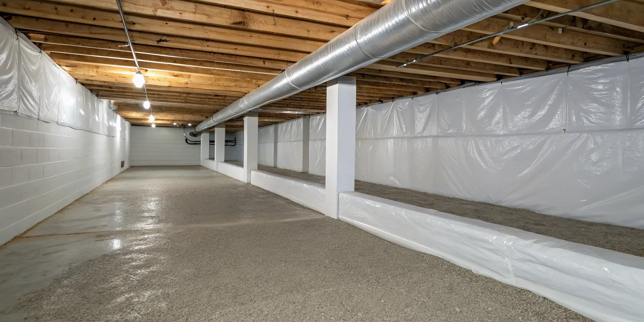 waterproofing-a-crawlspace-the-ultimate-guide-878689 Waterproofed crawlspace featuring a vapor barrier and sealed foundation walls.